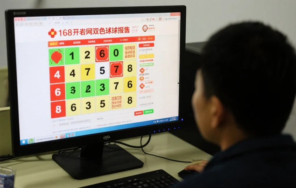 一位用户坐在电脑前，正在浏览168开奖网双色球开奖结果页面，屏幕上显示着醒目的开奖号码
