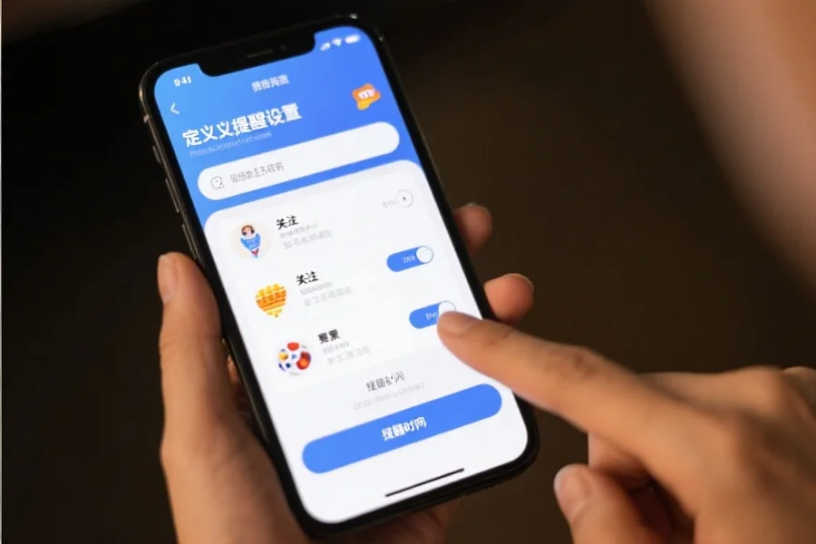 手机屏幕显示自定义提醒设置界面，用户正在选择关注的彩票种类和提醒时间