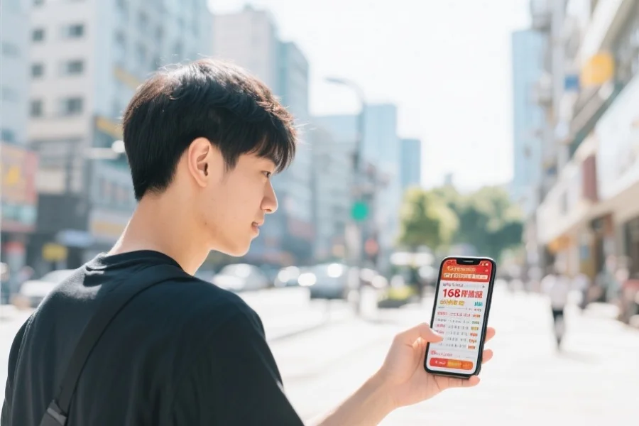 一位年轻人手持智能手机，在户外轻松浏览168开奖网历史开奖数据，背景为明亮的城市街景