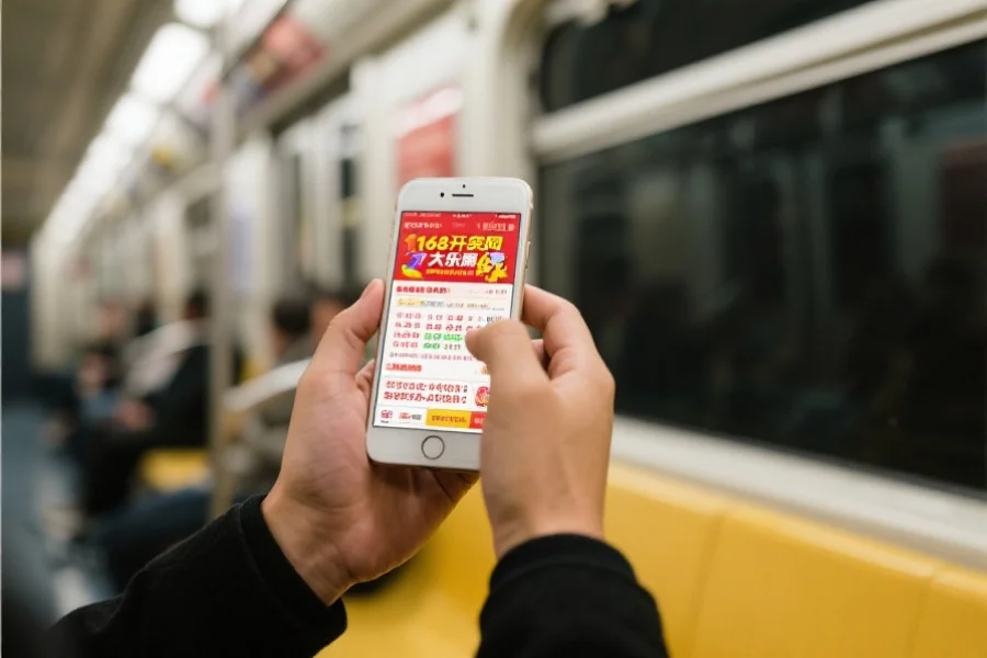 一个人在地铁上用手机浏览168开奖网大乐透开奖结果页面，界面清晰明亮
